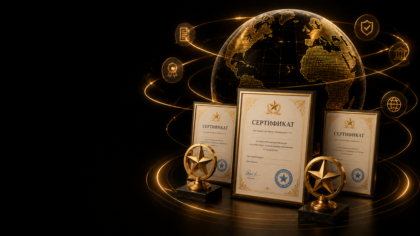 Глобус, оформленные сертификаты и награды ВЭД СТАР